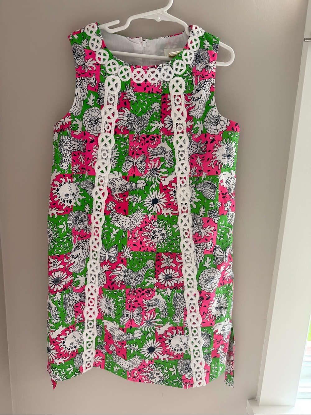 Lilly Pulitzer Girls Pink & Green Chicken and Floral Shift Dress with Lace Trim